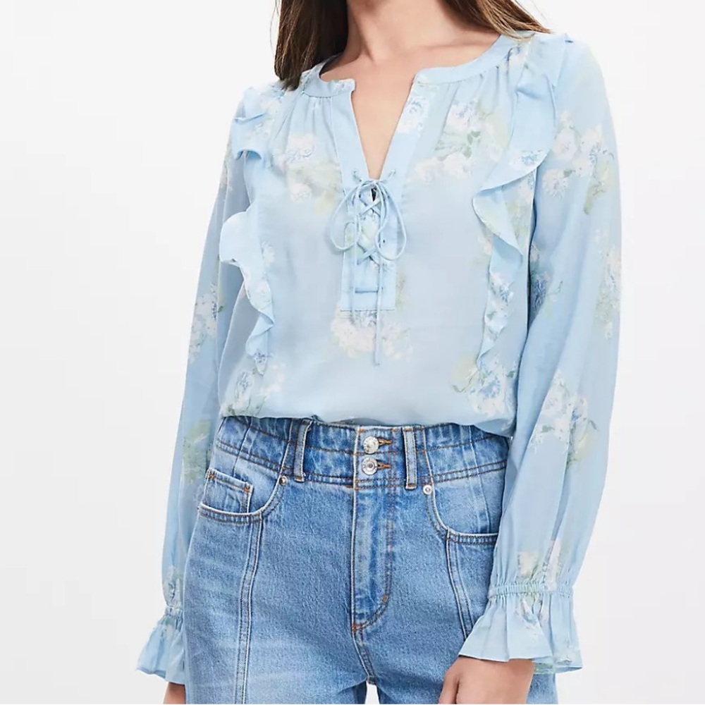LOFT Pale Blue Floral Lace-Up Ruffle Blouse S